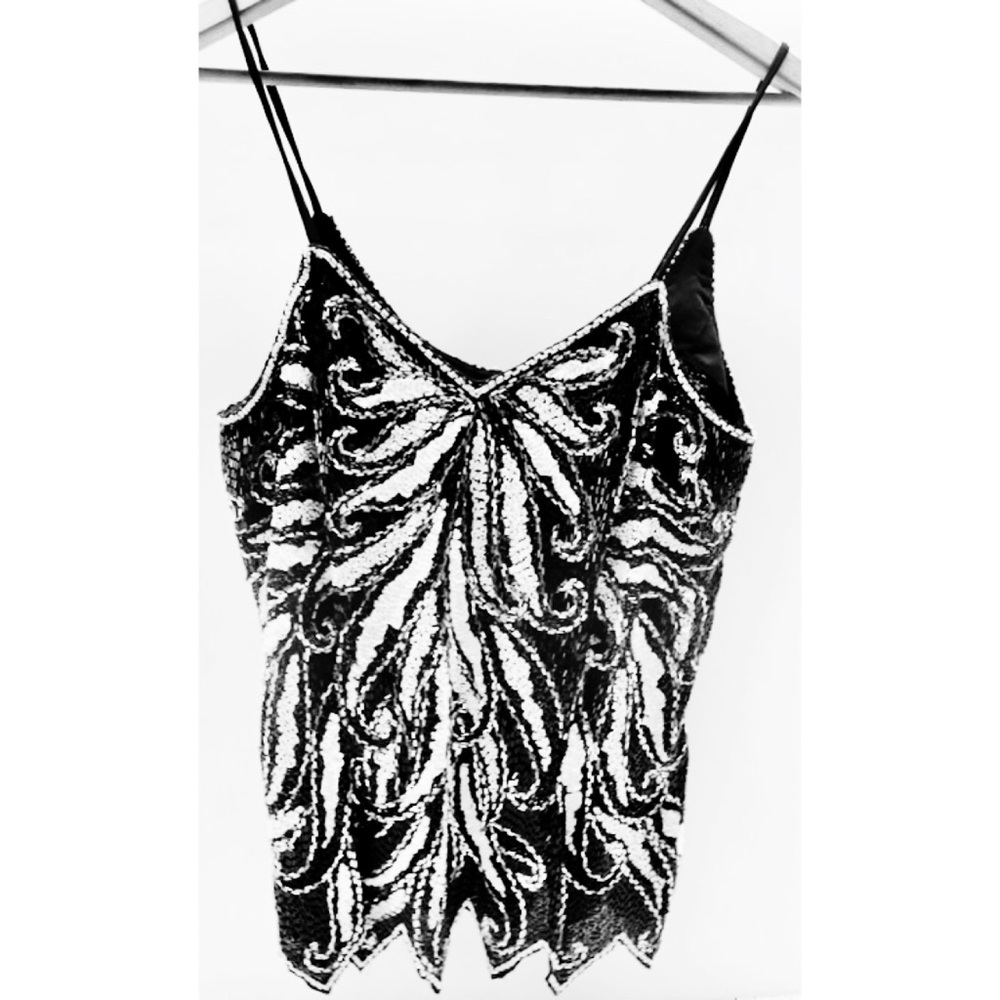 Oleg Cassini Black & White Beaded Embellished Cami